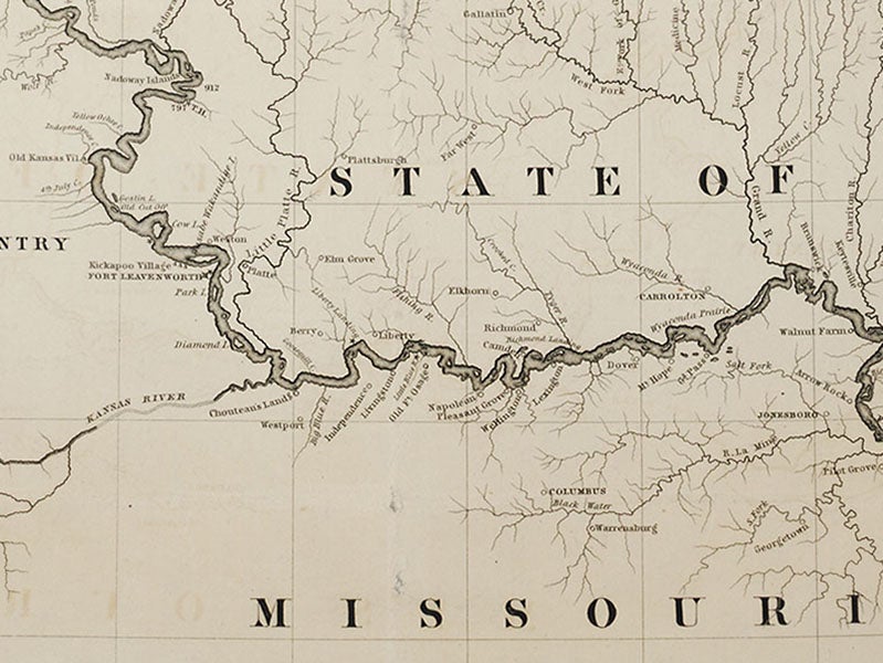 The Kansas City area, where the Missouri River turns east, on J. N. Nicollet’s map of the Upper Mississippi River, detail, 1843 (Linda Hall Library)