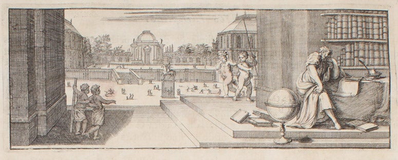The architect as scholar, mathematician, and philosopher, engraved headpiece by Sébastien Le Clerc, in François Blondel, Resolution des quatre principaux problèmes d'architecure, in Recueil de plusieurs traitez de mathematique, 1676 (Linda Hall Library)