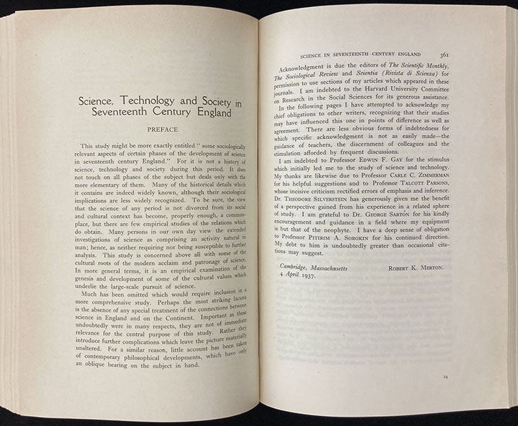 Preface to the original printing of the “Merton thesis,” as “Science, Technology & Society in Seventeenth Century England," Osiris, vol. 4, 1938 (Linda Hall Library)