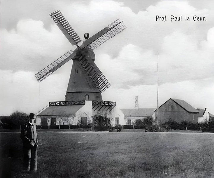Poul La Cour, standing in front of the wind turbine he erected near his house in Askov, south Jutland; undated postcard (windpowerplus.com)