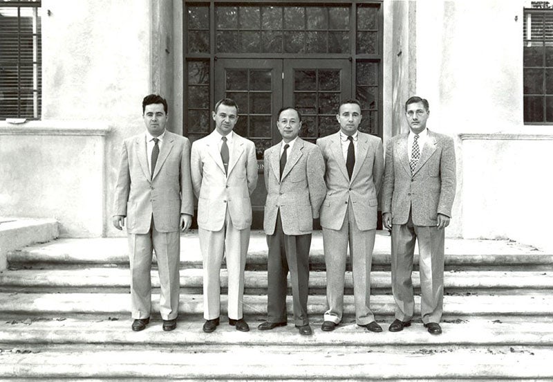 Hsue-Shen Tsien at Caltech, with colleague Frank Marble (second from left), his best friend on the faculty, who tried hard to get the government off Tsien’s back, photograph, 1954, Caltech archives (digital.archives.caltech.edu)