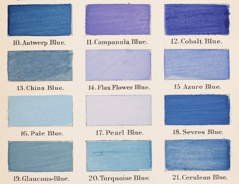 Swatches of various blues with names, detail of plate 9, A Nomenclature of Colors for Naturalists, by Robert Ridgway, 1886 (Linda Hall Library)