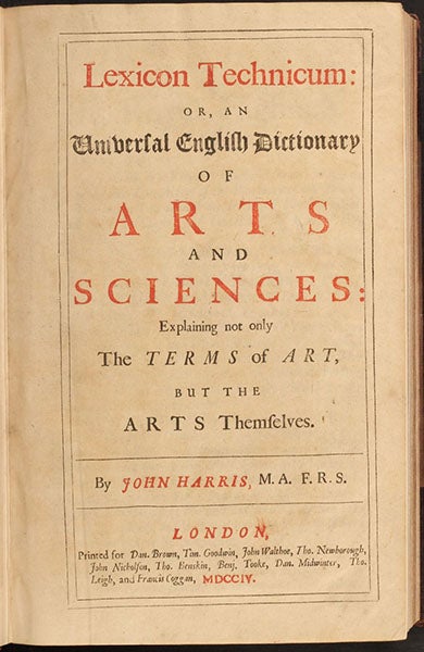  Title page, Lexicon Technicum, by John Harris, vol. 1, 1704 (Linda Hall Library)