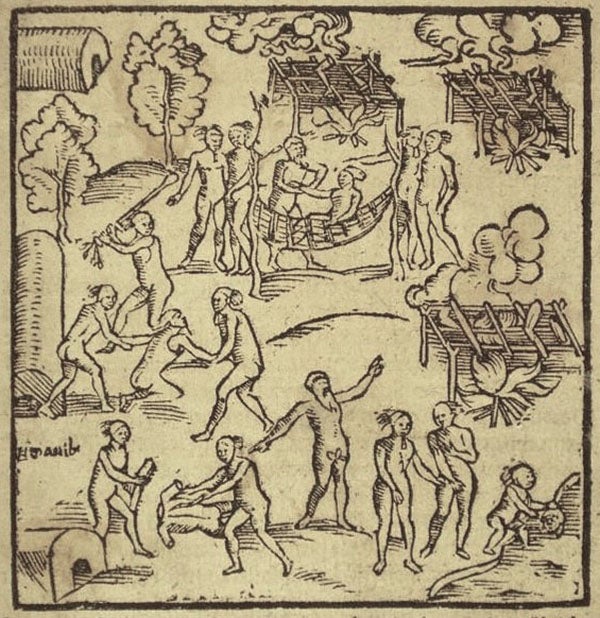 Captives being butchered and roasted by a Tupinamba family group for ritual consumption, woodcut, in Warhaftige Historia und Beschreibung, by Hans Staden, 1557 (Biblioteca Nacional do Rio de Janeiro via archive.org)