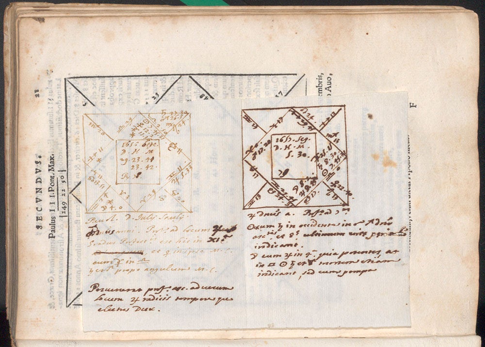 Handwritten astrological computations, in two different pens or hands, on a slip of paper inserted into the Library copy of Tractatus astrologicus, by Luca Gaurico, 1552 (Linda Hall Library)] 