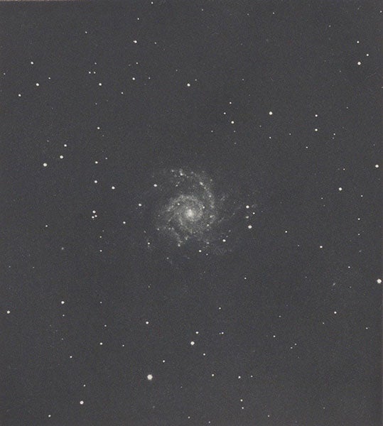 M74 spiral nebula in Pisces, photograph by James Keeler, cropped within plate borders, heliogravure in Photographs of Nebulae and Clusters Made with the Crossley Reflector, by James Keeler, Lick Observatory, plate 4, 1908 (Linda Hall Library)