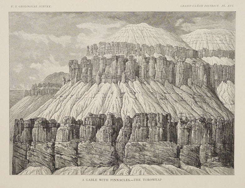 “A Gable with Pinnacles – The Toroweap,” wood engraving after a drawing by William Henry Holmes,  Tertiary History of the Grand Cañon District, by Clarence E. Dutton (USGS Monograph, 2), p. 84, 1882, copy 2 (Linda Hall Library)