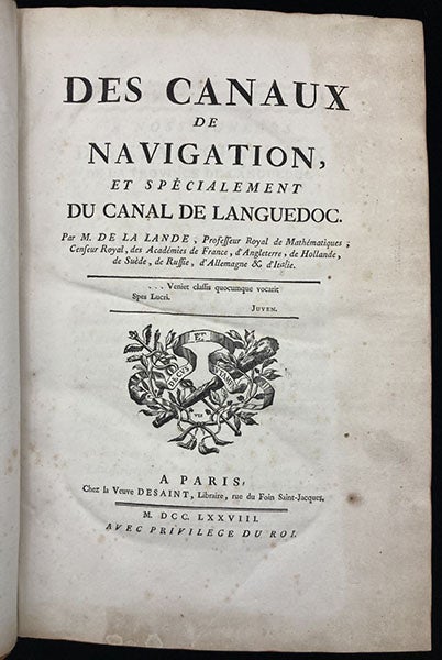 Title page, Des canaux de navigation, et spécialement du canal de Languedoc, by Joseph Jérôme Le Français de Lalande, 1778 (Linda Hall Library)