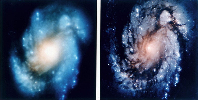 The image of galaxy M100 on the left was taken just before the Hubble Space Telescope was repaired; the one on the right was taken after the corrective optics were installed.