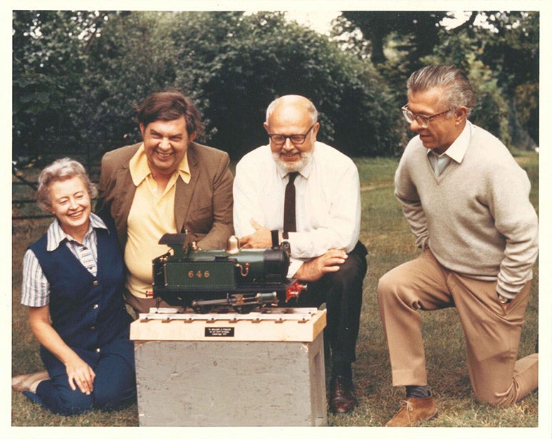 The authors of B2FH, left to right: Margaret Burbidge, Geoffrey Burbidge, Willy Fowler, and Fred Hoyle, photograph, 1971, exhibition at St. John’s College, Cambridge, 1971, photo by Don Clayton (joh.cam.ac.uk)