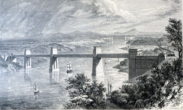 Crossing the Menai Straits to the Isle of Anglesey. Image source: Knight, Edward Henry. Knight's American Mechanical Dictionary. Vol. 3, New York, Hurd and Houghton, 1877 [c1876], frontispiece.