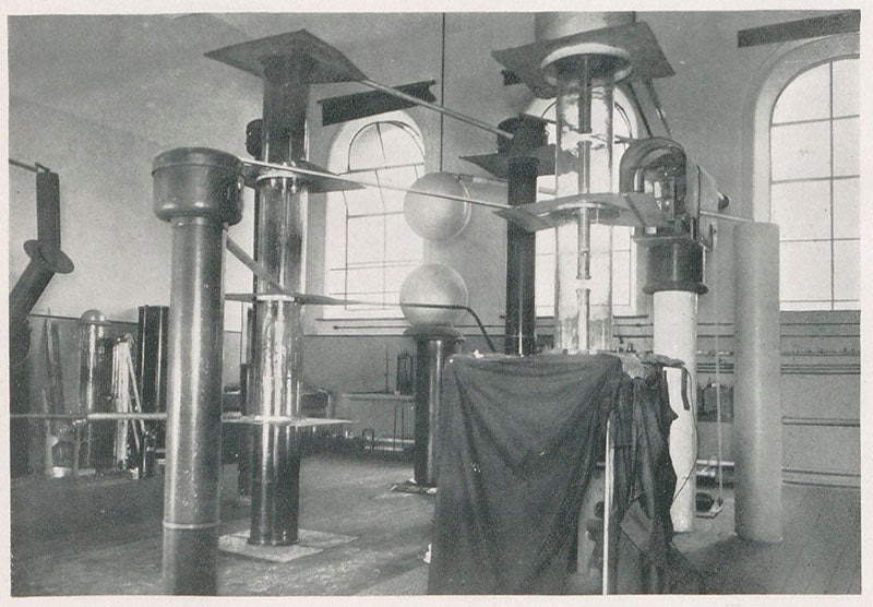 The Cockcroft-Walton generator that was used to disintegrate lithium atoms in 1932, Cavendish Lab, Cambridge, photograph in Proceedings of the Royal Society of London, 1932, vol. 136 (Linda Hall Library)