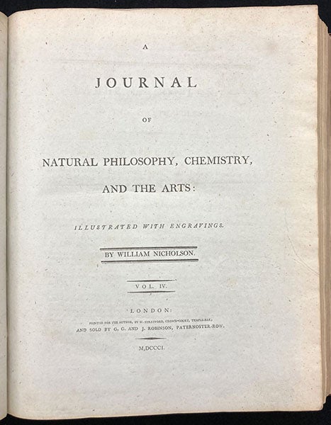 Title page, Journal of Natural Philosophy, Chemistry and the Arts, ed. by William Nicholson, vol. 4, 1801 (Linda Hall Library)