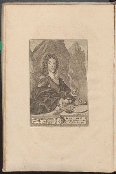 Portrait of Johann Jakob Scheuchzer, engraved frontispiece, Herbarium diluvianum, by Johann Jakob Scheuchzer, new edition, 1723 (Linda Hall Library)