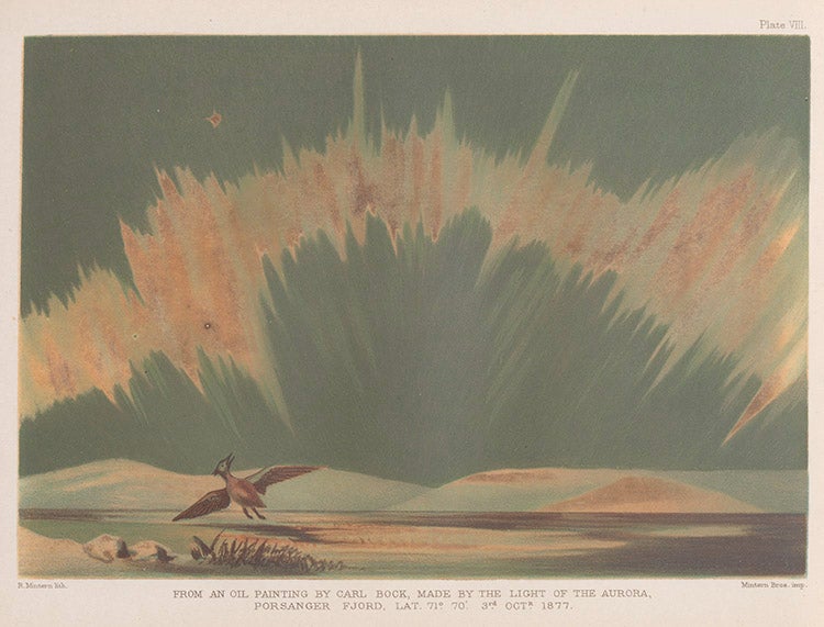 “Porsanger Fjord made by the Light of the Aurora,” after an oil painting by Carl Bock, 1877, in John Rand Capron, <i>Aurorae and their Spectra</i>, 1879 (Linda Hall Library)