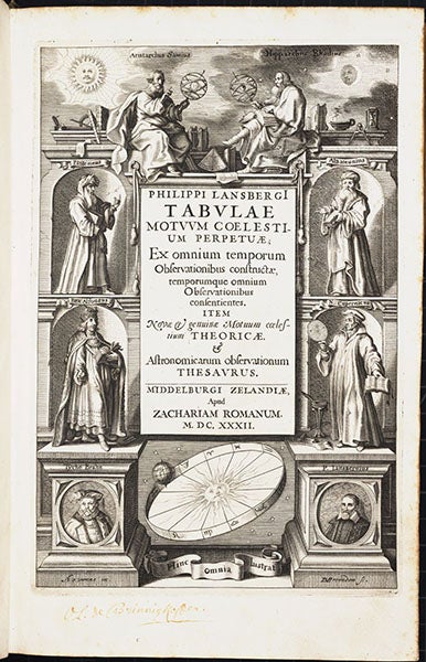 Engraved title page, Tabulae motuum coelestium, by Philippe van Lansbege, 1632 (The Linda Hall)