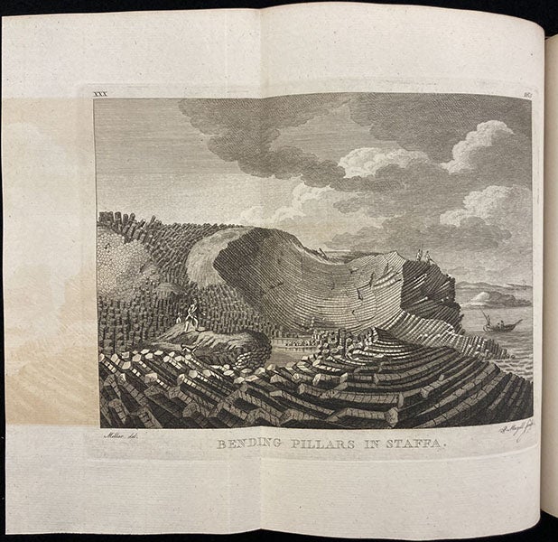 Bending pillars on Staffa, engraving after a drawing by James Miller, in A Tour in Scotland, and Voyage to the Hebrides; MDCCLXXII, by Thomas Pennant, vol. 1, pl. 30, p. 265, 1774 (Linda Hall Library)
