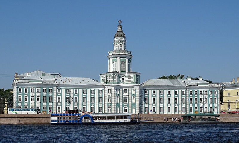 The Kunstkamera in Saint Petersburg, across the river Neva, built under the direction of Peter the Great, 1719-1727 (Wikimedia commons).