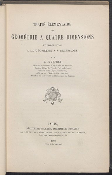 Title page, Traité élémentaire de géométrie ą quatre dimensions, by Esprit Jouffret, 1903 (Linda Hall Library)
