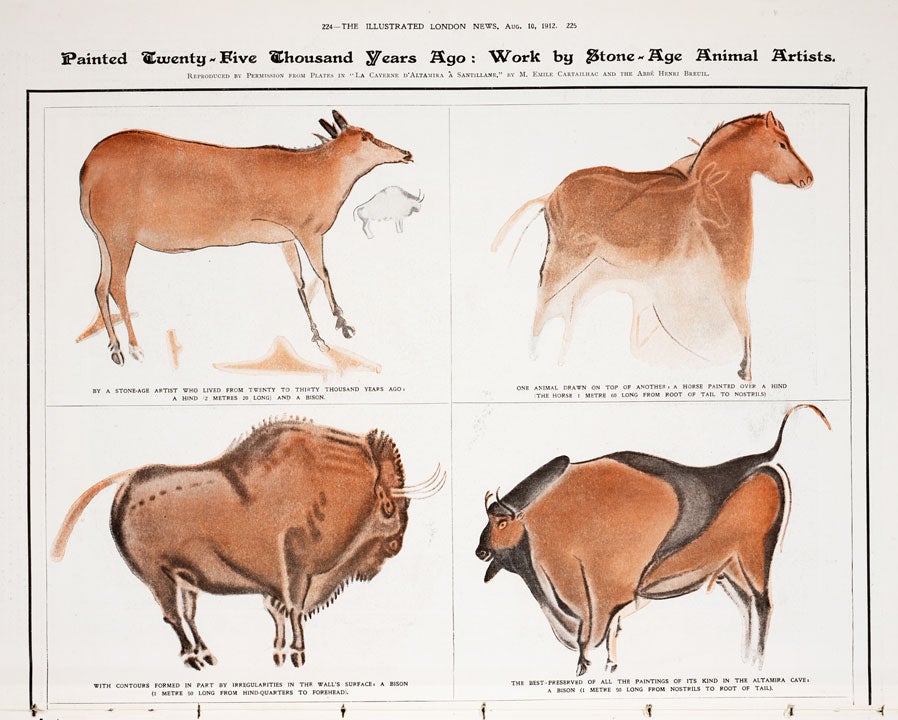 Detail of hind, bison, and horse. Image source: “Animal Artists of 25,000 Years Ago: Cave-Men as Decorators.” Illustrated London News, Aug. 10, 1912, p. 224. 
Courtesy of William B. Ashworth.