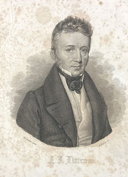 Portrait of Joseph Johann Littrow, engraved frontispiece by H. Pinhas after a drawing by Josef Kreihuber, Die Wunder des Himmels, by Joseph Johann Littrow, 1837 (Linda Hall Library)