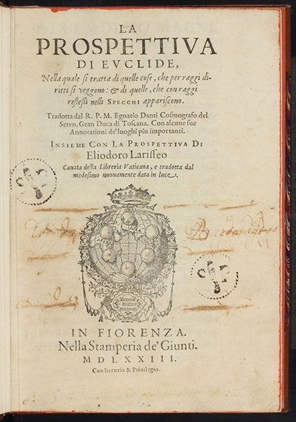 Title page, La prospettiva di Evclide, transl. and ed. by Ignazio Danti, 1573  (The Linda Hall)