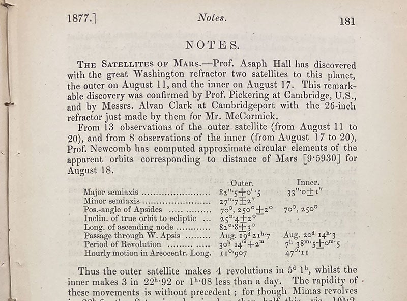 Announcement of the discovery of two Martian moons by Asaph Hall, The Observatory, vol. 1 (6), Sep. 20, 1877, p. 181 (Linda Hall Library)