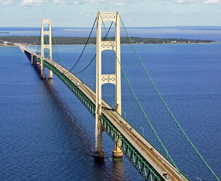 View from the air of the Mackinac Bridge connecting the Upper and Lower Peninsula of Michigan, designed by David Steinman, opened 1957 (Wikimedia commons)