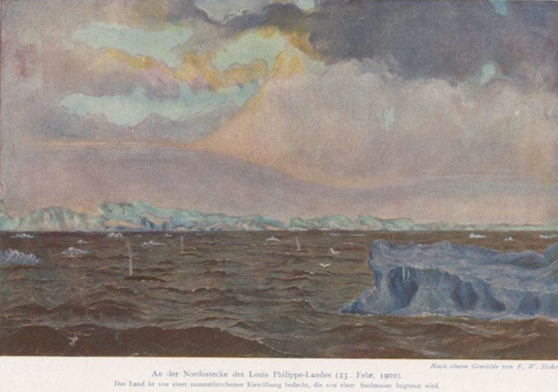 Louis-Philippe Land, watercolor by the expedition artist, Frank Wilbert Stokes, frontispiece to vol. 1, Otto Nordenskjöld, Wissenschaftliche Ergebnisse der Schwedischen Südpolar-Expedition, 1901-1903, 1920 (Linda Hall Library)