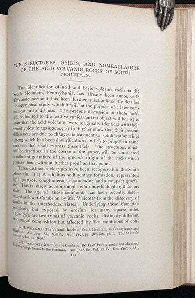 First page of Florence Bascom’s first professional paper, “The structures, origin, and nomenclature of the acid volcanic rocks of South Mountain,” (signature is on last page), Journal of Geology, vol. 1, p. 813, 1893 (Linda Hall Library)