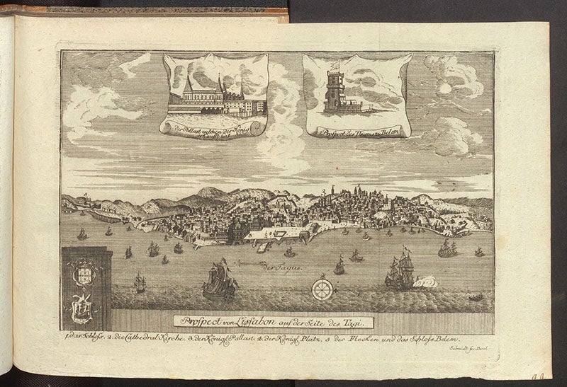 “Prospect von Lissabon auf der Seite des Tagi”, view of Lisbon from the Tagus River, folding engraving in Gesammlete Nachrichten von dem Erdbeben der Stadt Lissabon, by J.H. Rühlen, and 5 other tracts, Tract 3, 1756 (Linda Hall Library)