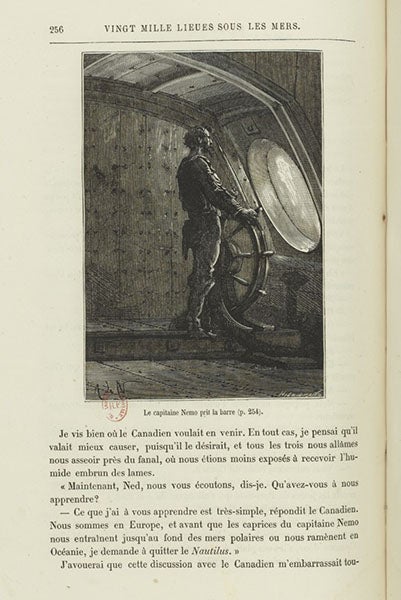 Captain Nemo at the wheel, wood engraving after drawing by Alphonse de Neuville, in Vingt mille lieues sous le mers, by Jules Verne, 1871, copy in Bibliothèque nationale de France (gallica.bnf.fr) 