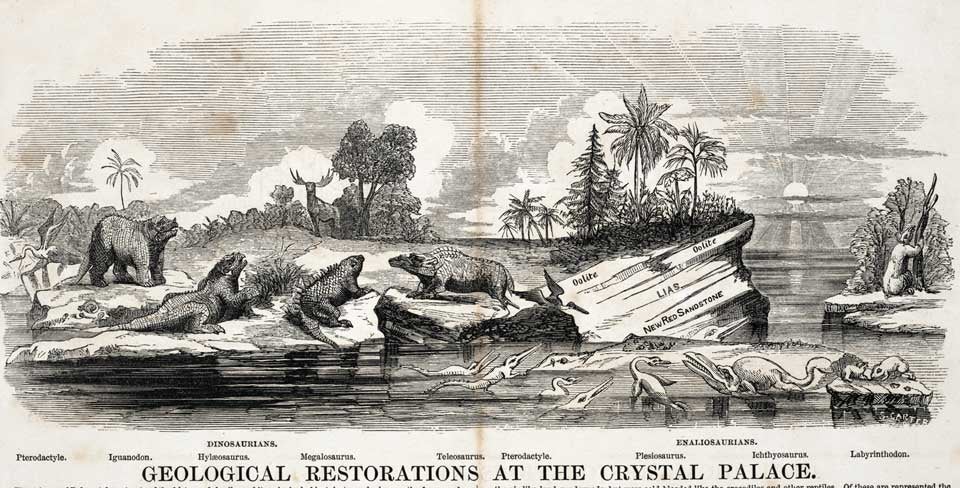 Dinosaur and other restorations at Sydenham Park, by Benjamin Waterhouse Hawkins. Image source: Reynolds, James. Pictorial and Descriptive Atlas of Geology. London: Published by James Reynolds, ca. 1854.