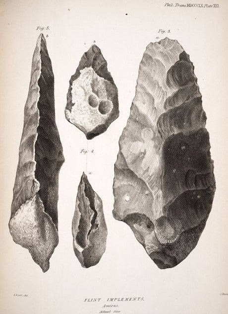 Flint Implements. Image source: Prestwich, Joseph. “On the occurrence of flint implements...,” Philosophical Transactions of the Royal Society of London, vol. 150, 1860, pl. 13.