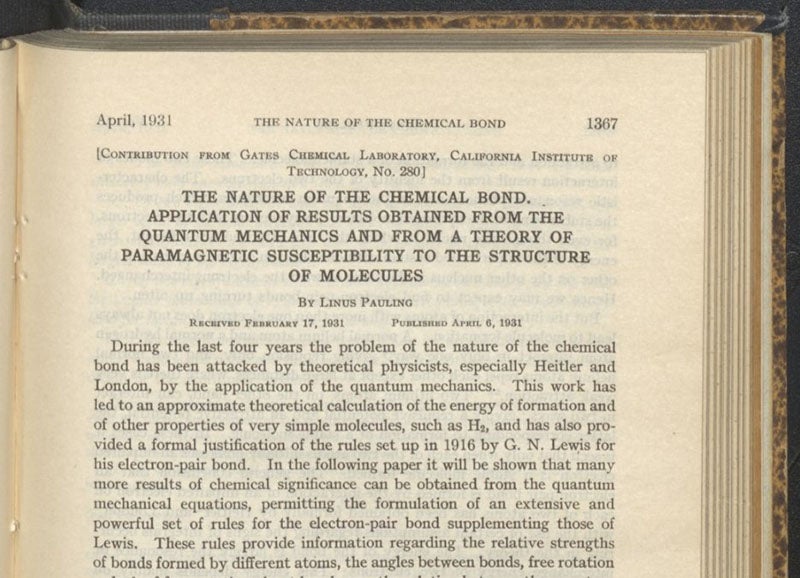 First page of “The nature of the chemical bond, application of results obtained from the quantum mechanics…,” by Linus Pauling, Journal of the American Chemical Society, vol. 53, 1931 (Linda Hall Library)