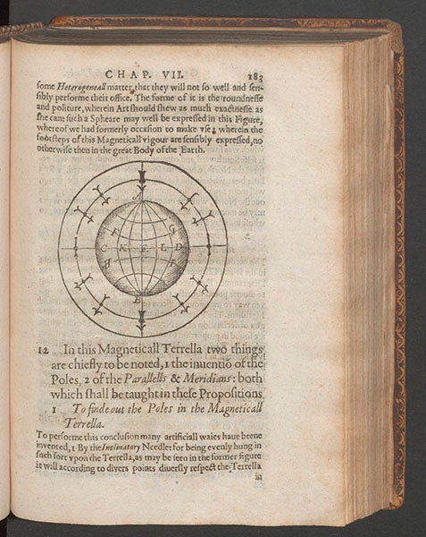A <i>terrella</i>, a round magnet representing the earth, first used by William Gilbert in his <i>De magnete</i> (1600), from Nathanael Carpenter, <i>Geography Delineated</i>, 1625 (Linda Hall Library)