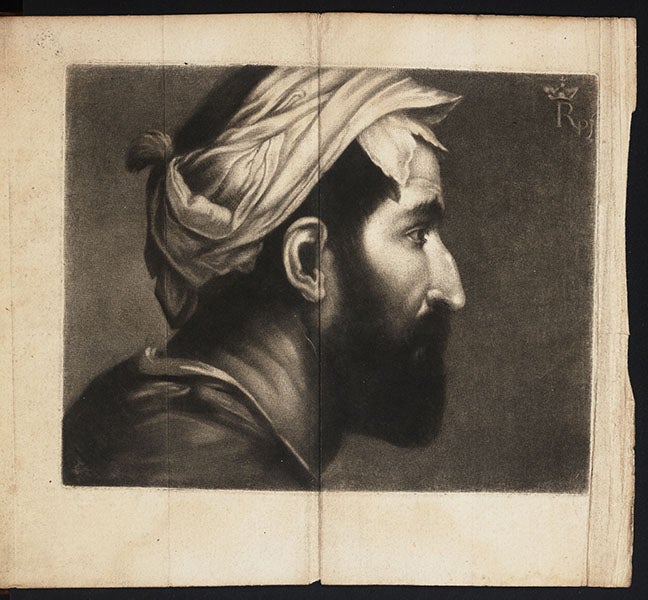 Portrait of a man with a turban, by Prince Rupert, mezzotint, in John Evelyn, <i>Sculptura</i>, 1755 (Linda Hall Library)