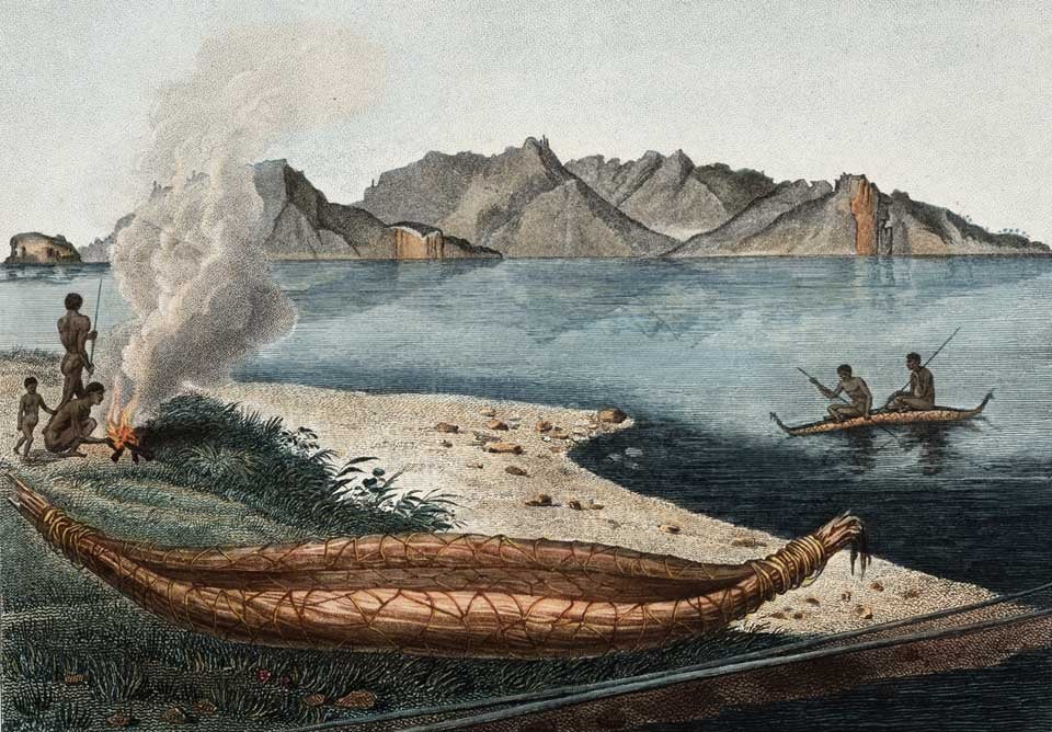 Natives of Van Dieman’s Land (Tasmania). Image source: Péron, François. Voyage de découvertes aux terres Australes, exécuté par ordre de Sa Majesté l’empereur et roi, sur les corvettes le Géographe, le Naturaliste, et la goëlette le Casuarina, pendent les années 1800, 1801, 1802, 1803 et 1804. Atlas, vol. 1, Paris: De l’Imprimerie impériale, 1807, pl. 14.