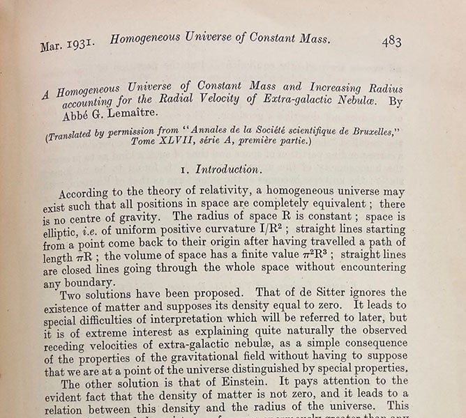 First two paragraph of the translation of Georges Lemaître’s 1927 paper in Monthly Notices of the Royal Astronomical Society, vol. 91, 1931 (Linda Hall Library)