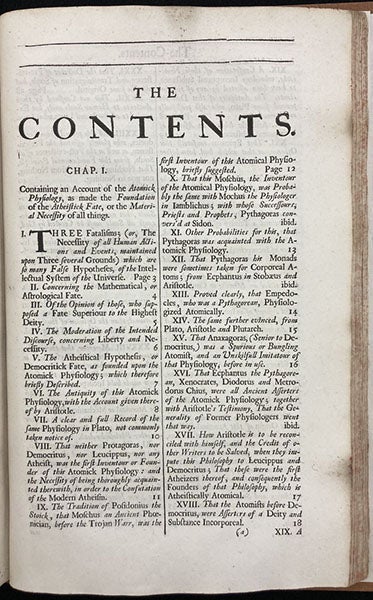 “The Contents,” first of 82 unnumbered pages, following the text of The True Intellectual System of the Universe, by Ralph Cudworth, 1678, (Linda Hall Library)