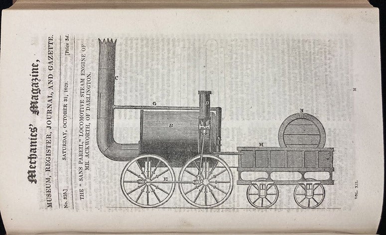 Sans Pareil, locomotive built by Timothy Hackworth for the Rainhill Trials, woodcut in Mechanics' Magazine, Register, Journal, and Gazette, vol. 12, p. 161, Oct. 31, 1829 (Linda Hall Library)