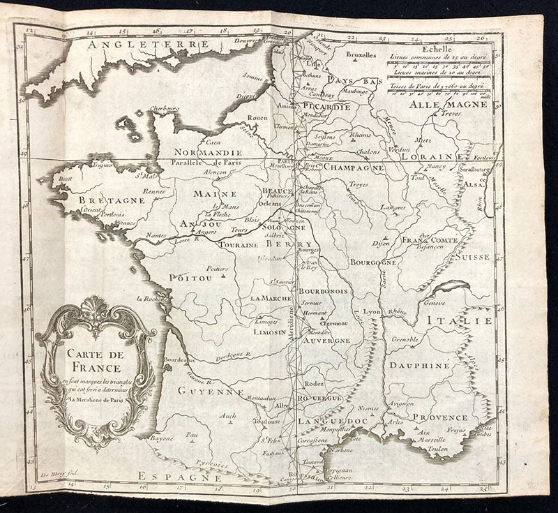 Map of France based on triangulations, De la grandeur et de la figure de la terre, by Jacques Cassini, last plate, 1720 (Linda Hall Library) 