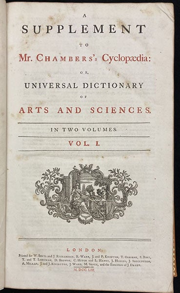 Title page, A Supplement to Mr. Chambers's Cyclopaedia: or, Universal Dictionary of Arts and Sciences, ed. by John Hill et al., vol. 1, 1753 (Linda Hall Library)