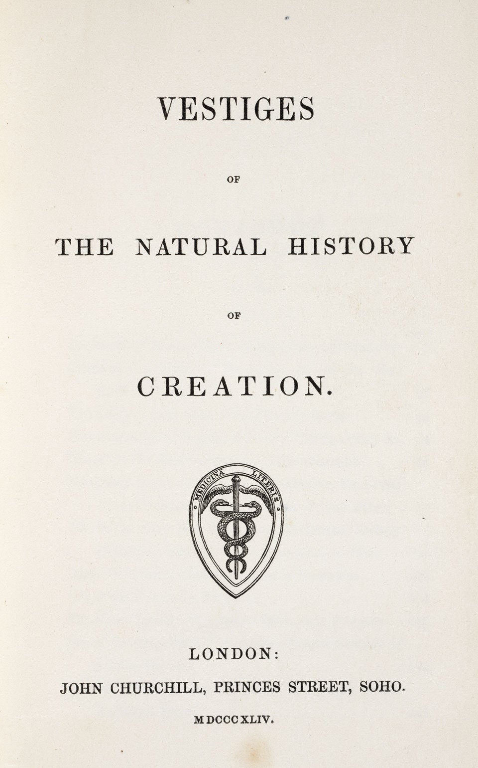 Title page to Chamber’s book. Image source: Chambers, Robert. Vestiges of the Natural History of Creation. London: J. Churchill, 1844, title page. 