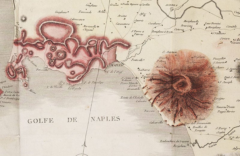 Mount Vesuvius (right) and the Phlegraean Fields, detail of map of Campania, hand-colored engraving in Voyages physiques et lythologiques dans la Campanie : suivis d'un mémoire sur la constitution physique de Rome, by Scipione Beislak, vol 1, plate 1, p. 1, 1801 (The Linda Hall)