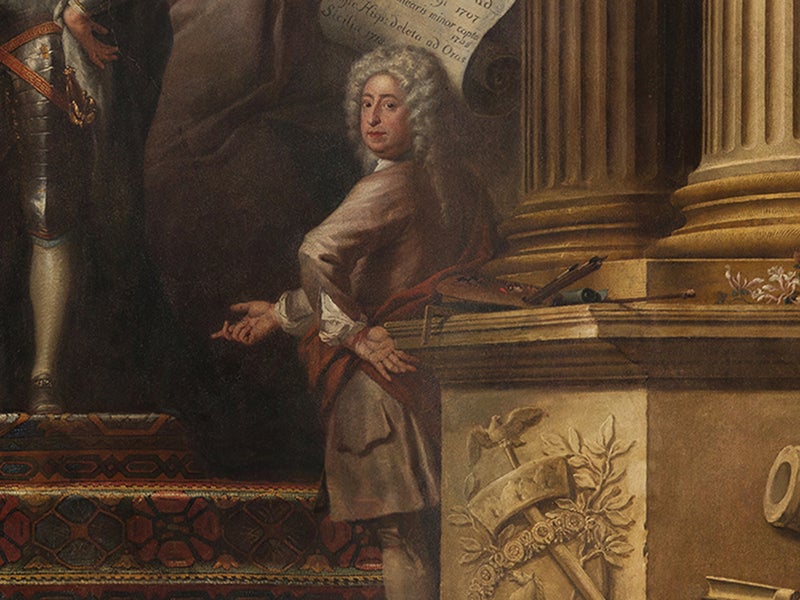James Thornhill, self-portrait, Painted Hall, Greenwich Hospital, now Old Royal Naval College, Greenwich (heritagefund.org)