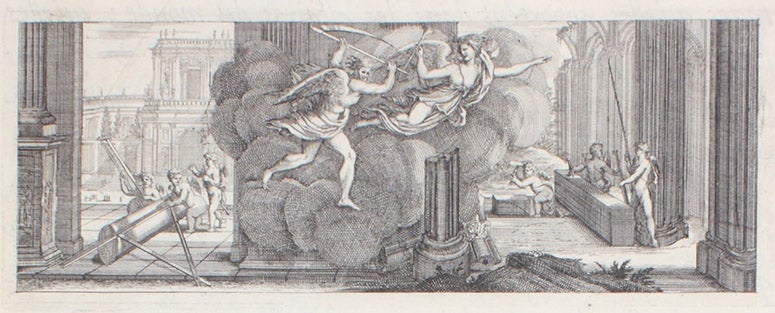 Putti manipulating a large compass to mark out a tapered column, engraved headpiece by Sébastien Le Clerc, François Blondel, Resolution des quatre principaux problèmes d'architecure, in Recueil de plusieurs traitez de mathematique, 1676 (Linda Hall Library)
