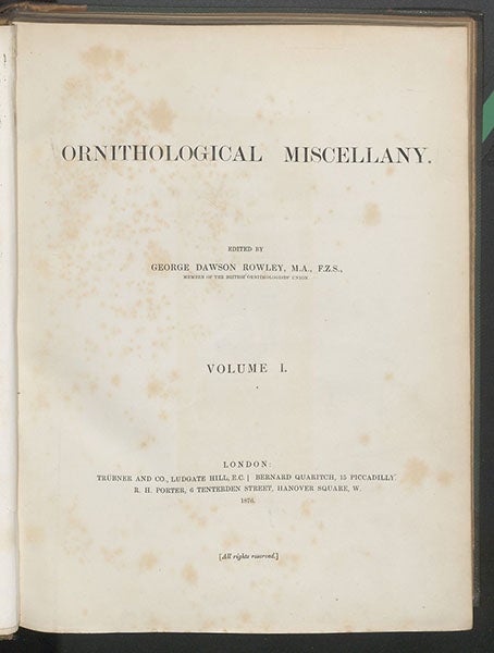Title page, George Dawson Rowley, Ornithological Miscellany, 1875-78, vol. 1, 1876 (Linda Hall Library)