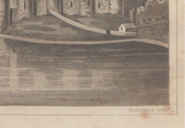 Detail of third image, aquatint of the Conwy Suspension Bridge, showing aquatint granulation and the signature of the engraver, Matthew Dubourg, in Description of the Iron Bridges of Suspension Now Erecting over the Strait of Menai, at Bangor, and over the River Conway, in North Wales; with Two Views, by T.G. Cumming, Surveyor, 1824 (Linda Hall Library)