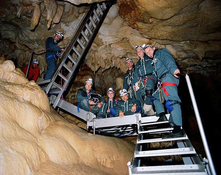 Crew of Cave of Forgotten Dreams on their way to the cave, with Werner Herzog second from right, Chauvet Cave, Ardeche, France (donsmaps.com)